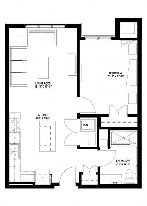 Floor plan for 1 bed, 1 bath, 708 sqft